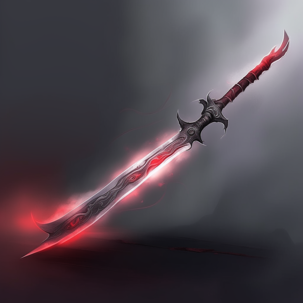 An intelligent and evil D&D long sword with a black bone handle and glowing red and burgundy blade hanging in the air, surrounded by wispy white mist and an aura of menace.