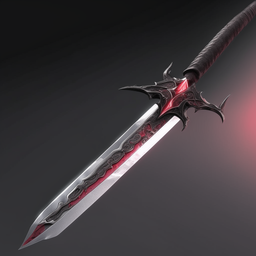 An intelligent and evil D&D long sword with a black bone handle, jagged red and burgundy blade, and an eye engraved in the crossguard, floating in a void like an ominous vision.