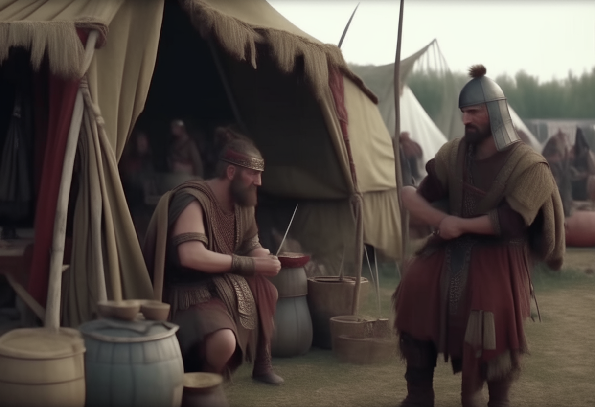 ancient roman soldiers smearing themselves with olive oil before the battle in their camp, with tents and simbols, 4k 
