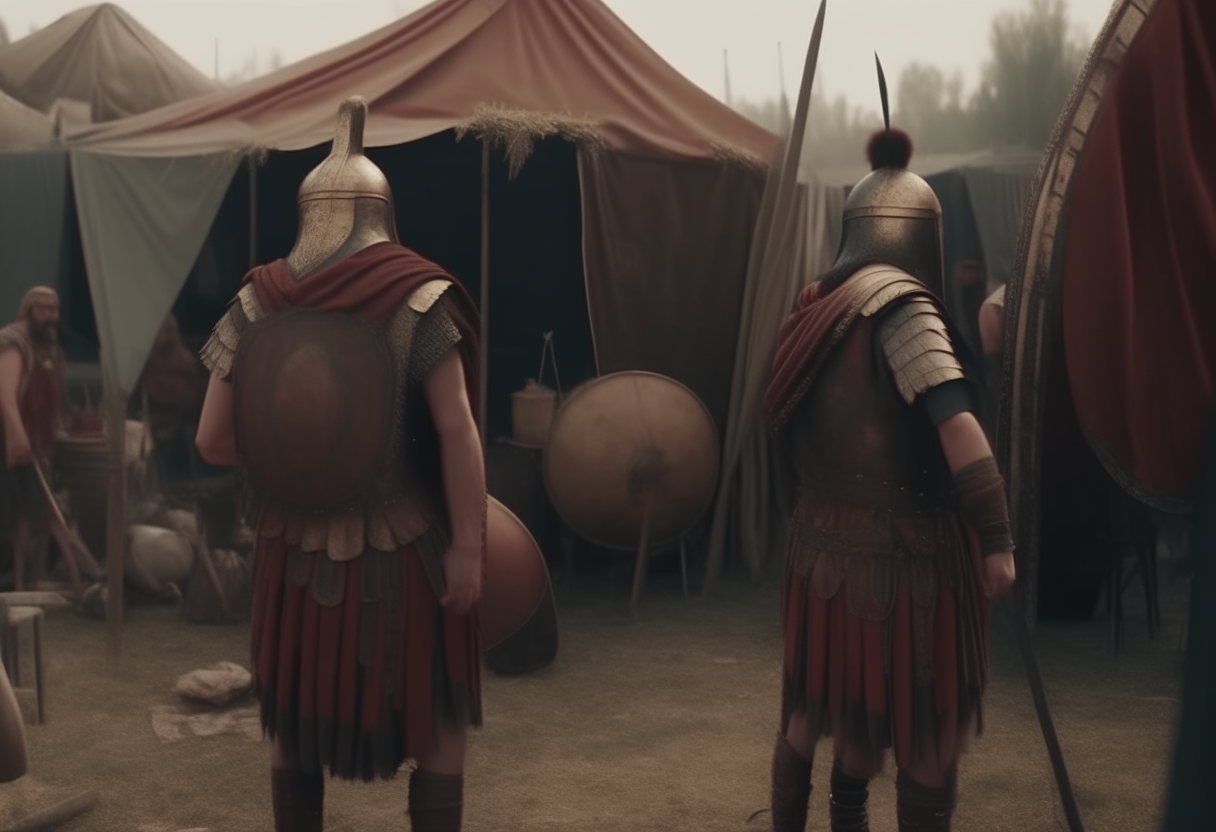 ancient roman legionars smearing their arms with olive oil before the battle in their camp, with tents and simbols, 4k, cinematic, higly detailed
