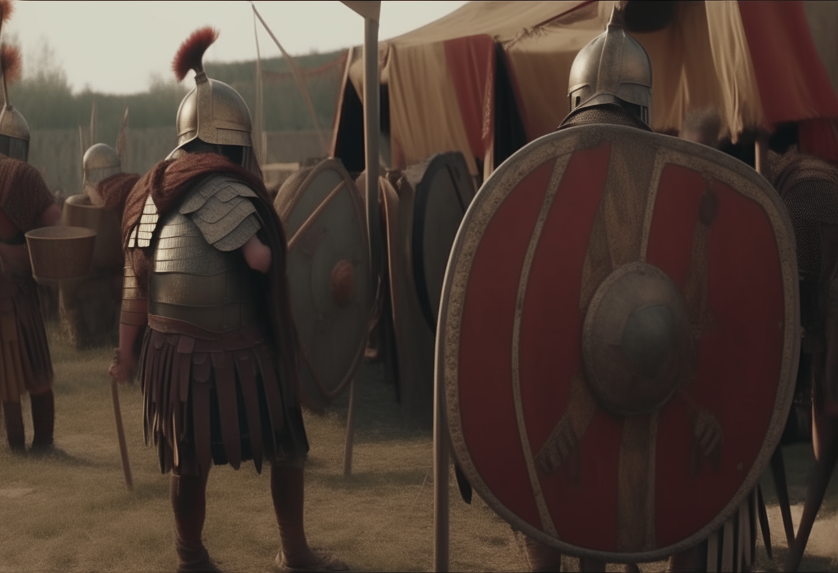 ancient roman legionars smearing their arms with olive oil before the battle in their camp, with tents and simbols and flags, square roman shields,, 4k, cinematic, higly detailed
