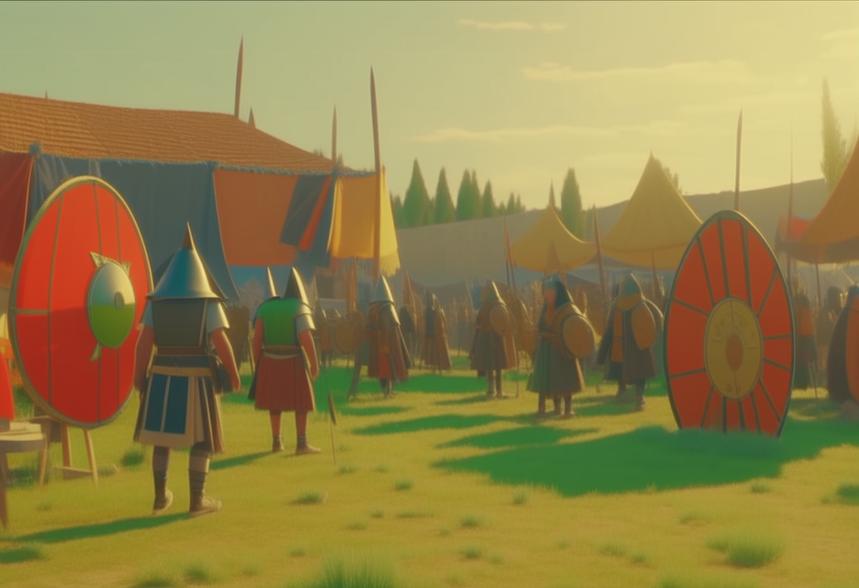 ancient roman legionars smearing their arms with olive oil before the battle in their camp, with tents and simbols and flags, square roman shields,, 4k, cinematic, higly detailed
