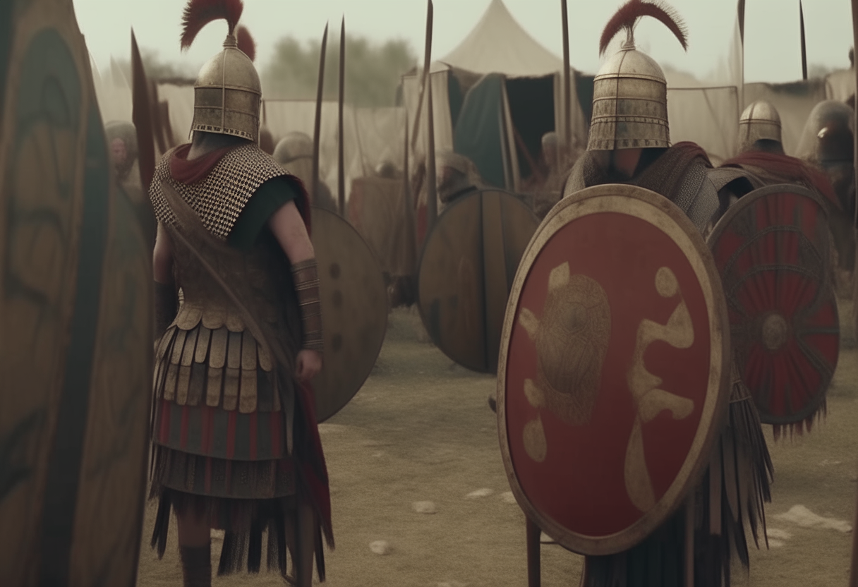 ancient roman legionars smearing their arms with olive oil before the battle in their camp, with tents and simbols and flags, rectangular roman shields, spears, 4k, cinematic, higly detailed