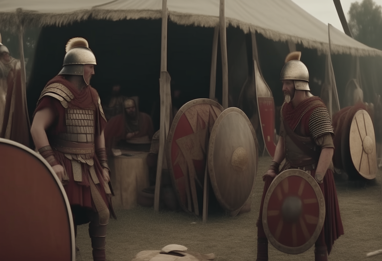 ancient roman legionars smearing their arms with olive oil before the battle in their camp, sitting in front of their tents
with tents and simbols and flags, long oval roman shields, spears, 4k, cinematic, higly detailed