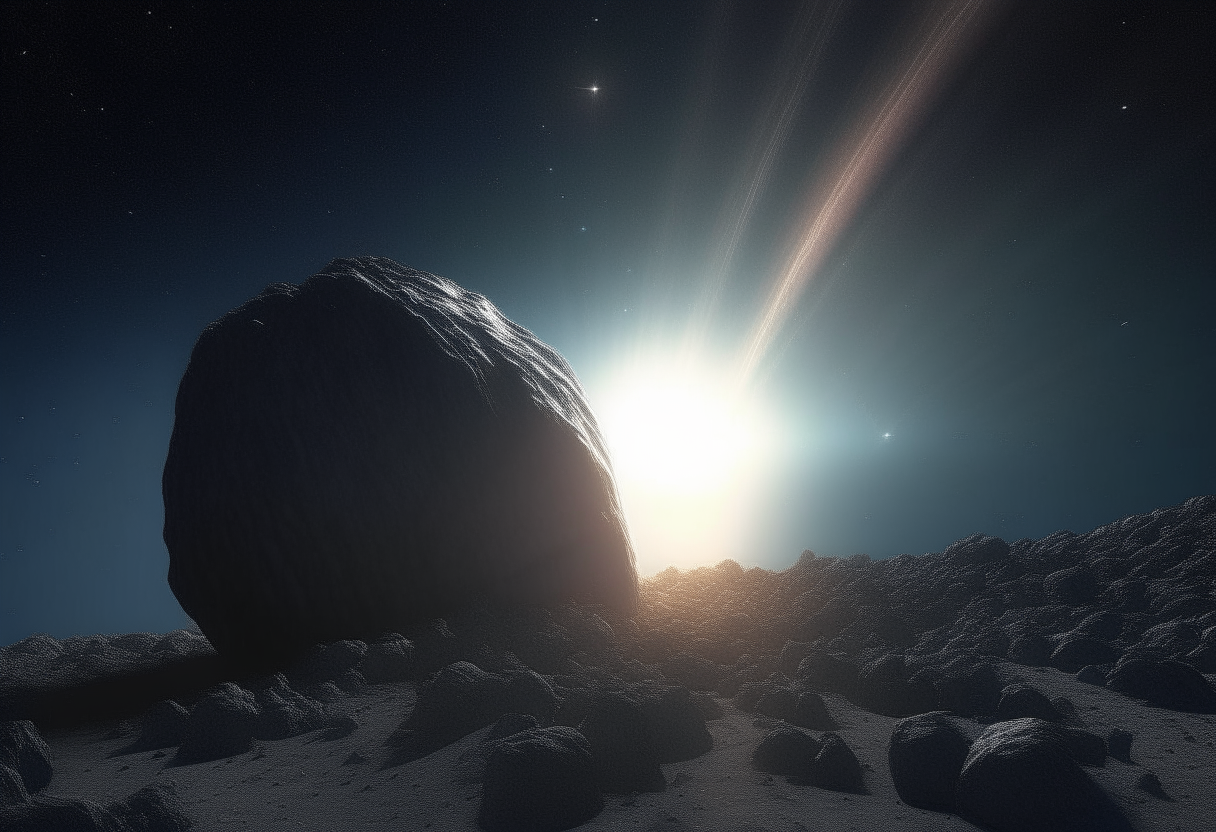 A close-up view of a large meteorite glowing eerily on the surface of an uninhabited planet at night. The meteorite illuminates the rocky terrain around it with an otherworldly light. A large meteorite glowing with an ominous inner light, casting shadows on the barren lunar landscape beneath it