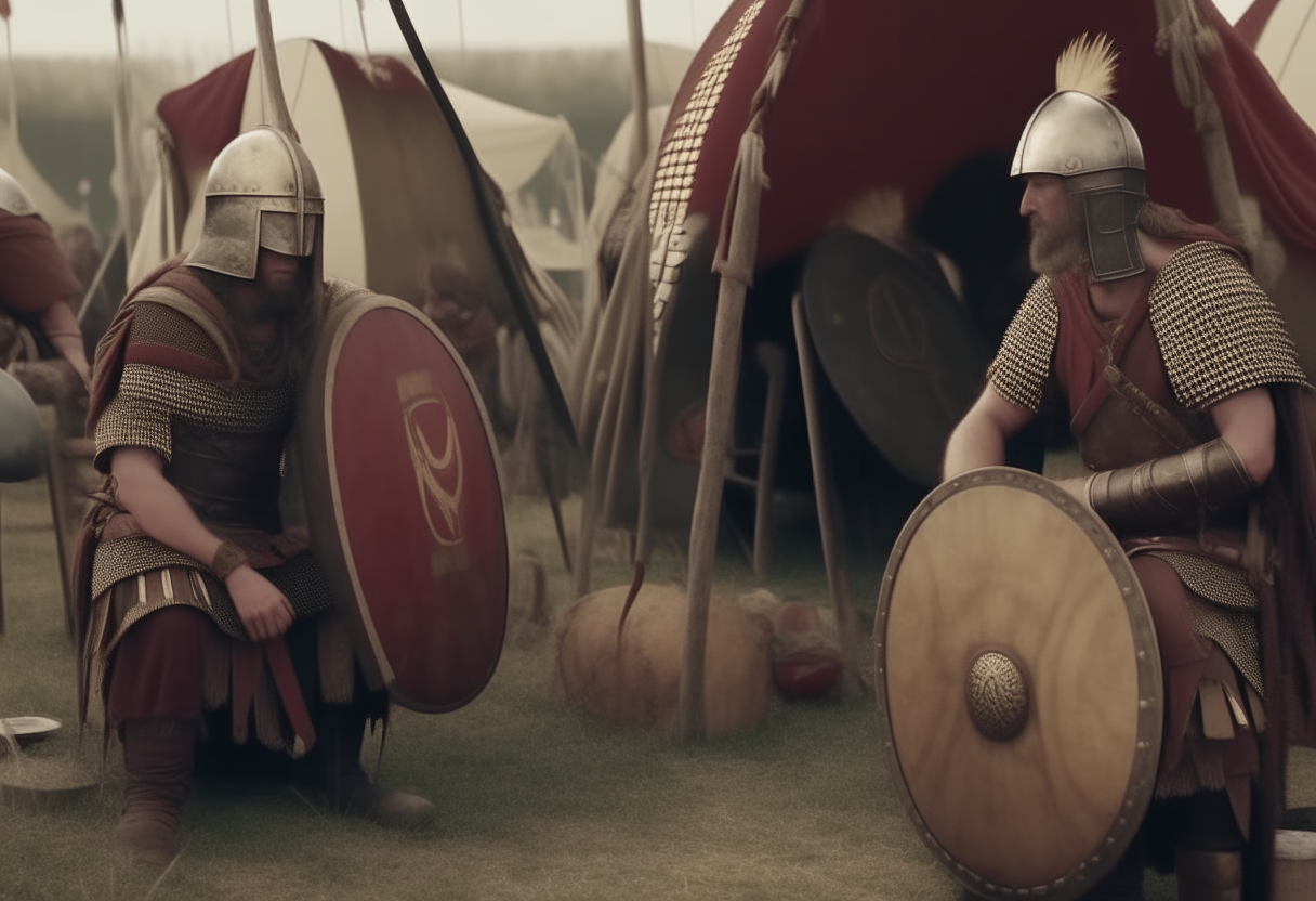 ancient roman legionars smearing themselves with olive oil before the battle in their camp, sitting in front of their tents
with tents and simbols and flags, long oval roman shields, spears, 4k, cinematic, higly detailed