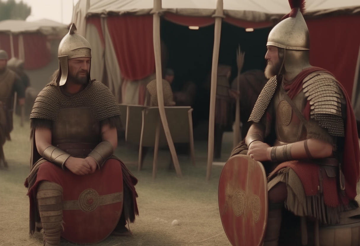 ancient roman legionars without helmet smearing themselves with olive oil before the battle in their camp, sitting in front of their tents
with tents and simbols and flags, long oval roman shields, spears, 4k, cinematic, higly detailed