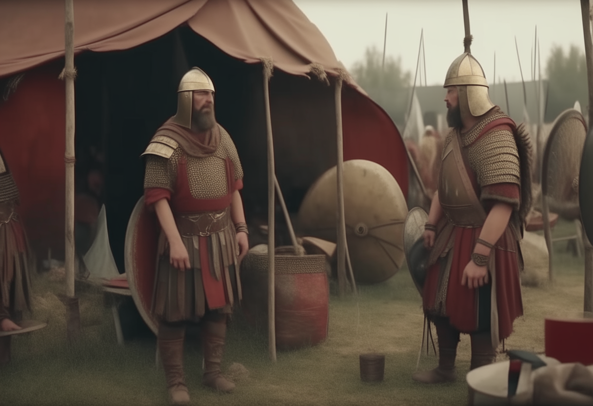 ancient roman legionars without helmet washing thrie arms themselves with olive oil before the battle in their camp, sitting in front of their tents
with tents and simbols and flags, long oval roman shields, spears, 4k, cinematic, higly detailed