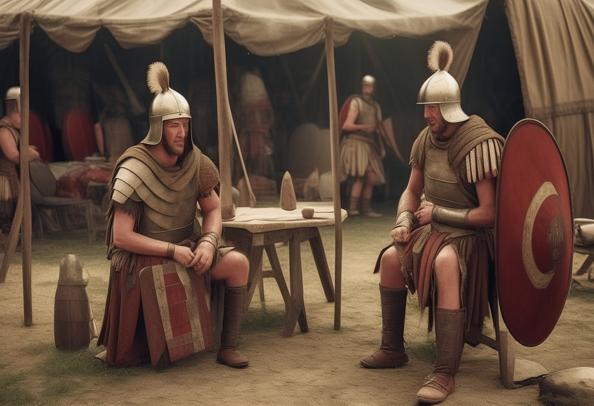 ancient roman legionars without helmet washing thrie arms themselves with olive oil before the battle in their camp, sitting in front of their tents
with tents and simbols and flags, long oval roman shields, spears, no helmets, cinematic, higly detailed