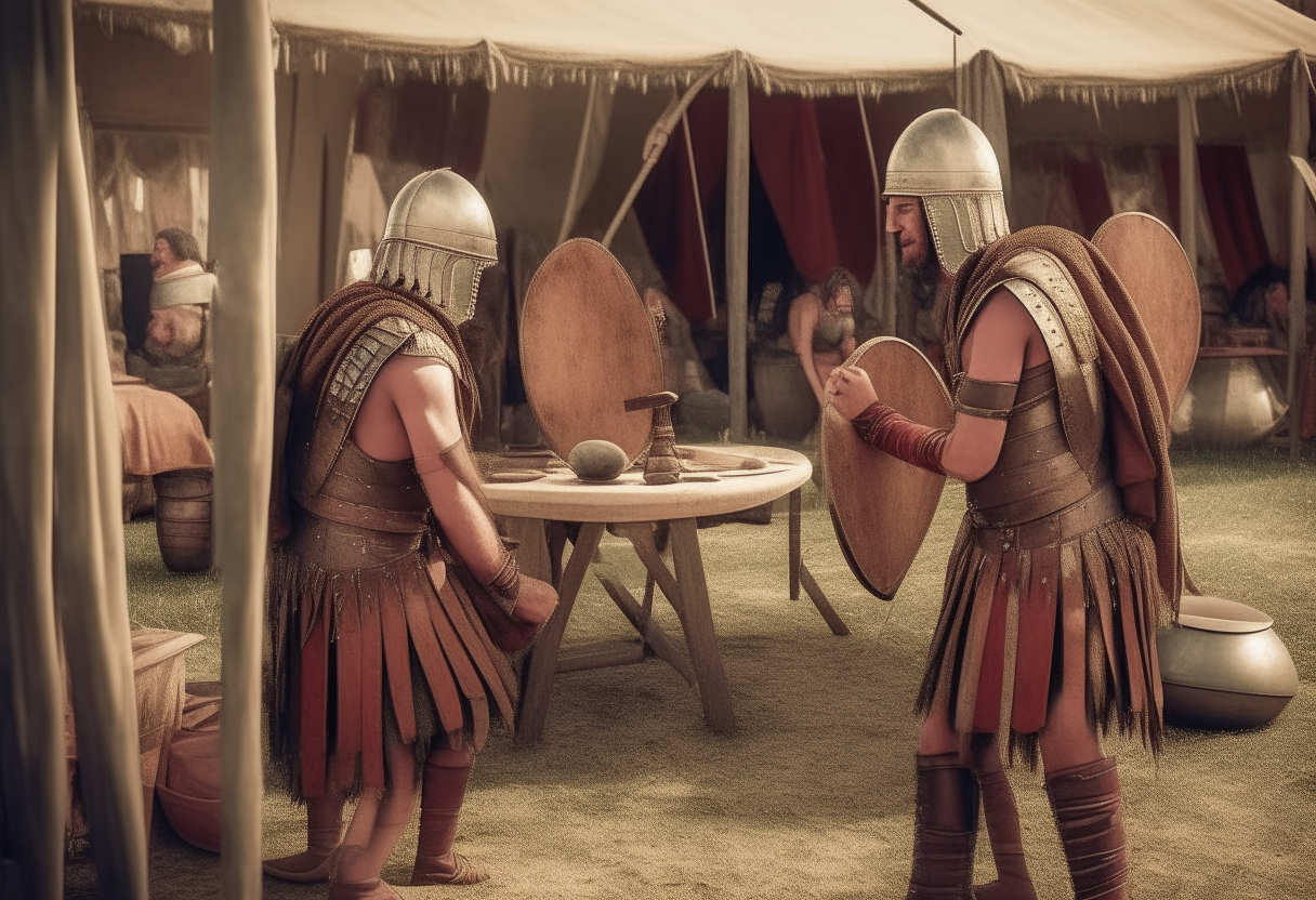 ancient roman legionars washing thrie arms themselves with olive oil before the battle in their camp, sitting in front of their tents
with tents and simbols and flags, long oval roman shields, spears, cinematic, higly detailed