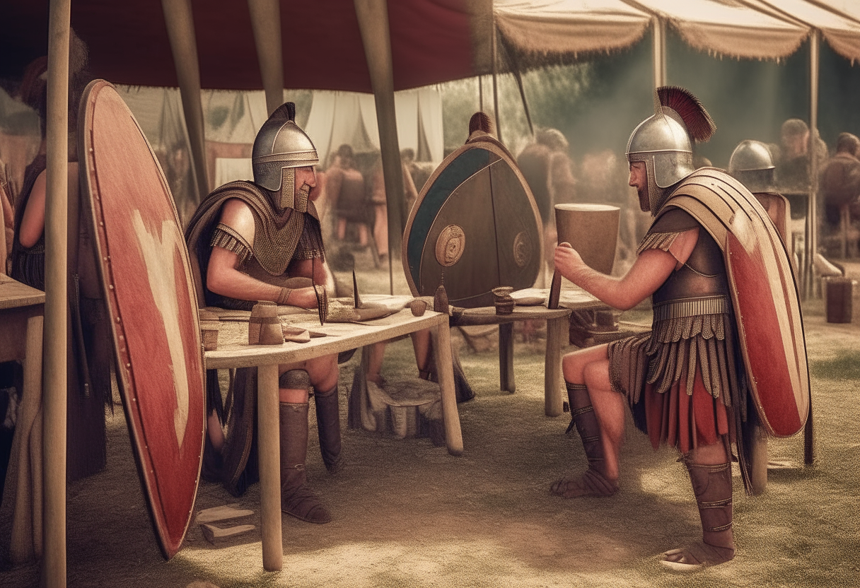 ancient roman legionars washing their arms themselves with olive oil before the battle in their camp, sitting in front of their tents
with tents and simbols and flags, long oval roman shields, spears, cinematic, higly detailed