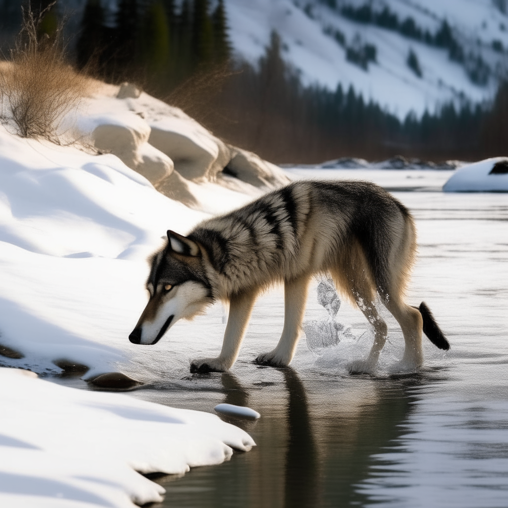 a wolf drinks water from a running river , the area is surrounded by snow covered mountains