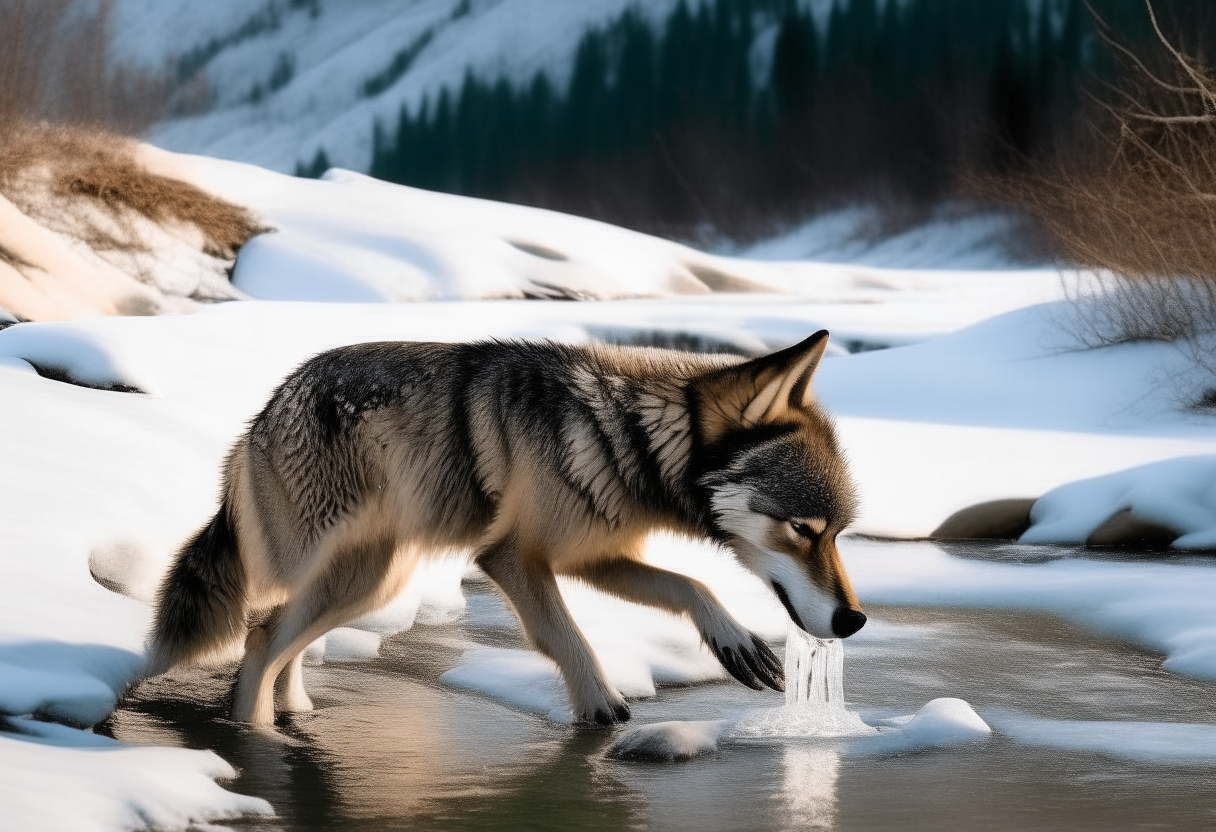 a wolf drinks water from a running river , the area is surrounded by snow covered mountains