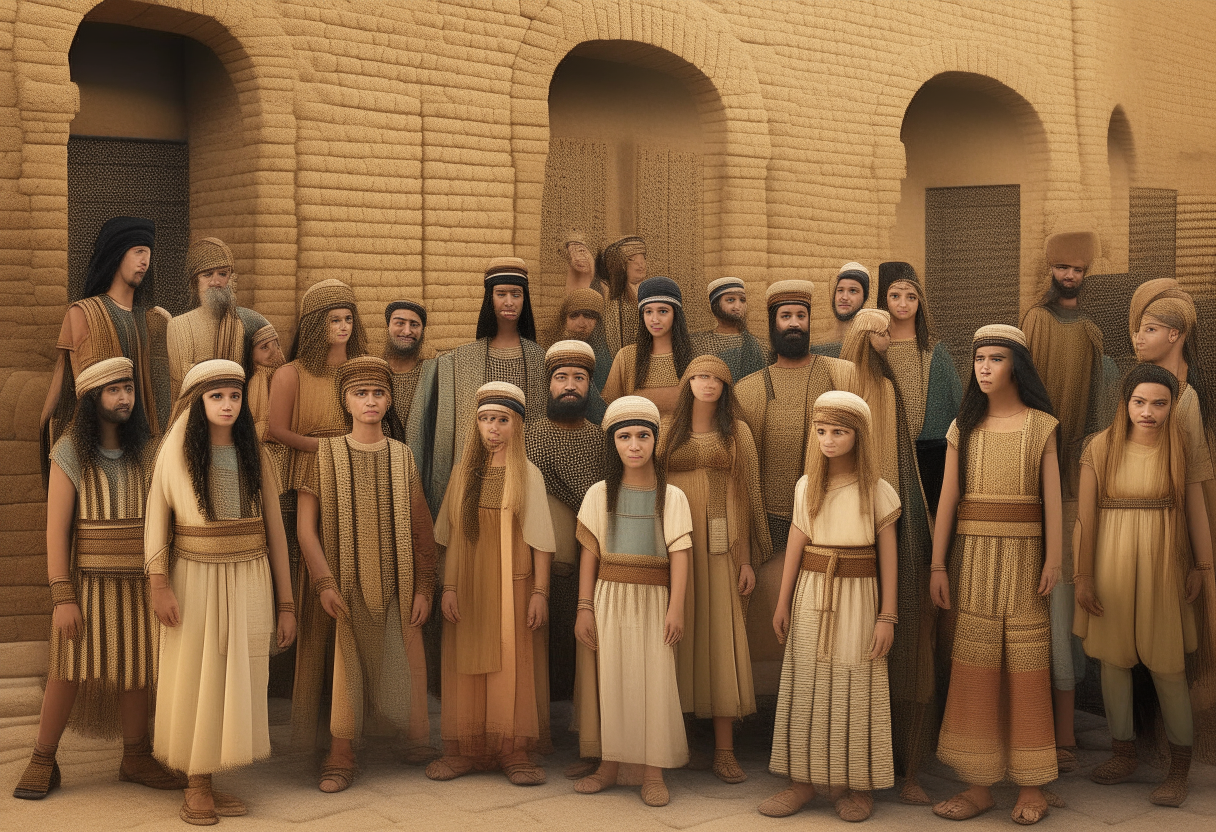 A group of Babylonian men, women and children in traditional dress standing in an ancient city street. Accurate costumes and architecture from the Neo-Babylonian period.
