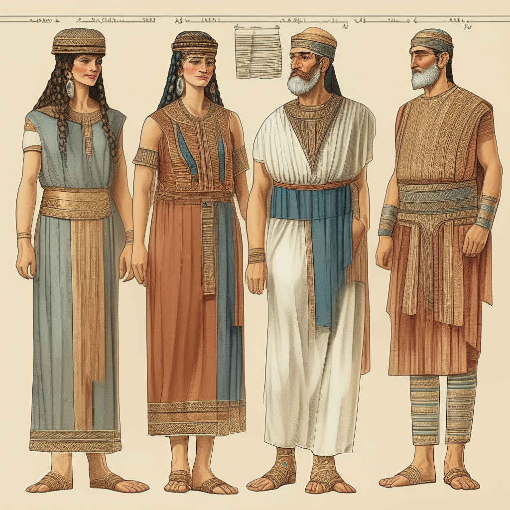 Detailed illustrations of traditional Babylonian clothing worn by men, women and children of different social classes. Accurate costumes from the Neo-Babylonian period, including tunics, robes, dresses, sandals, headdresses and jewelry.