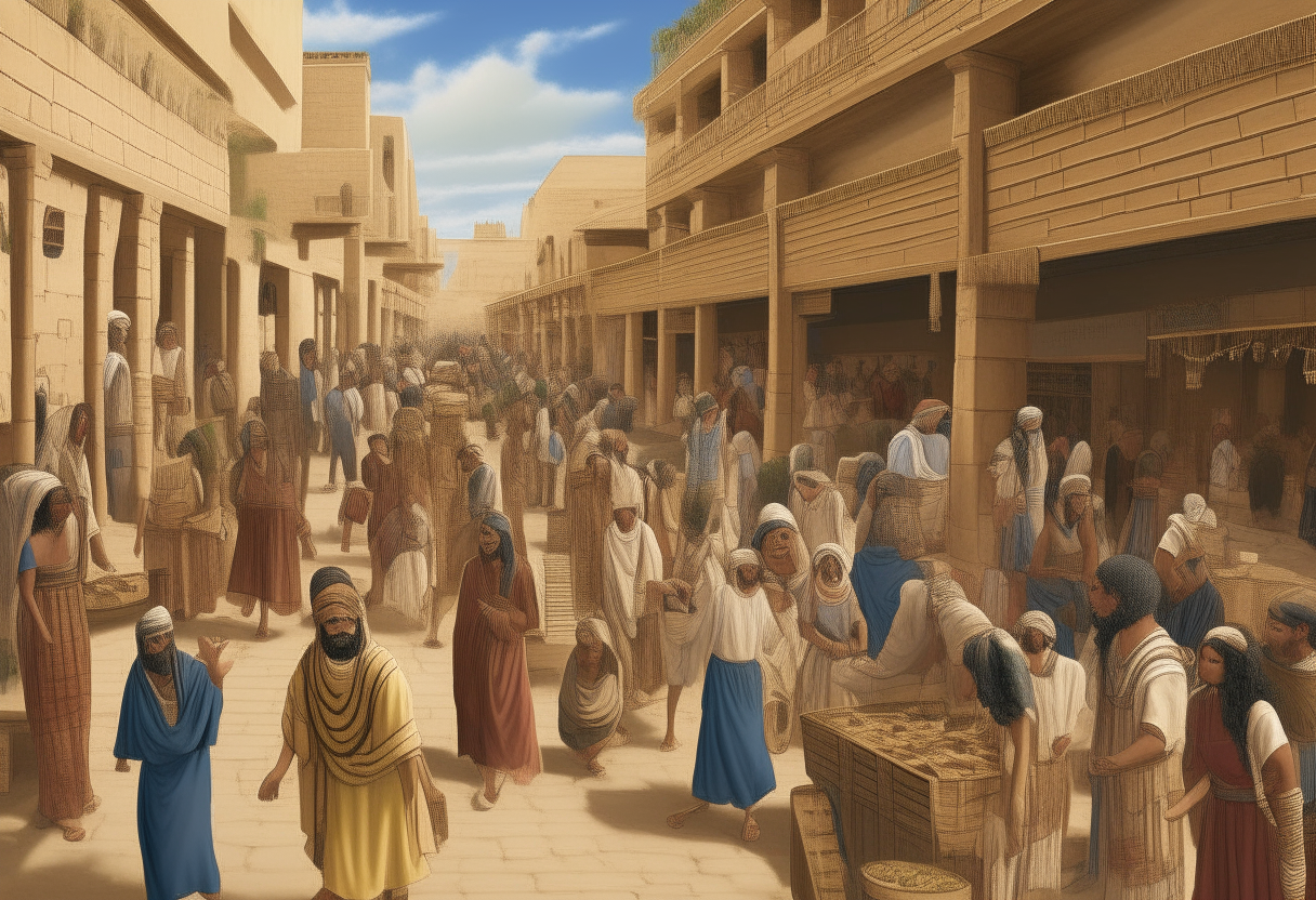 A bustling street scene in an ancient Babylonian city. Men, women and children are dressed in period-accurate tunics, robes and sandals, shopping at market stalls and interacting in the city center. Accurate architecture and costumes from the Neo-Babylonian period.