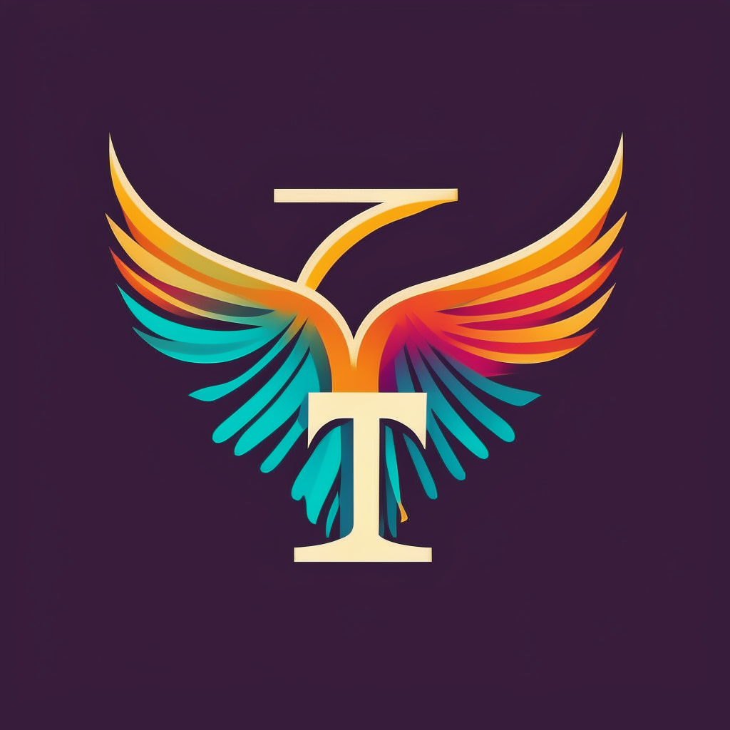 A stylized logo featuring the capital letter T with feathered wings extending from the horizontal bar. Bright colors, sharp lines.