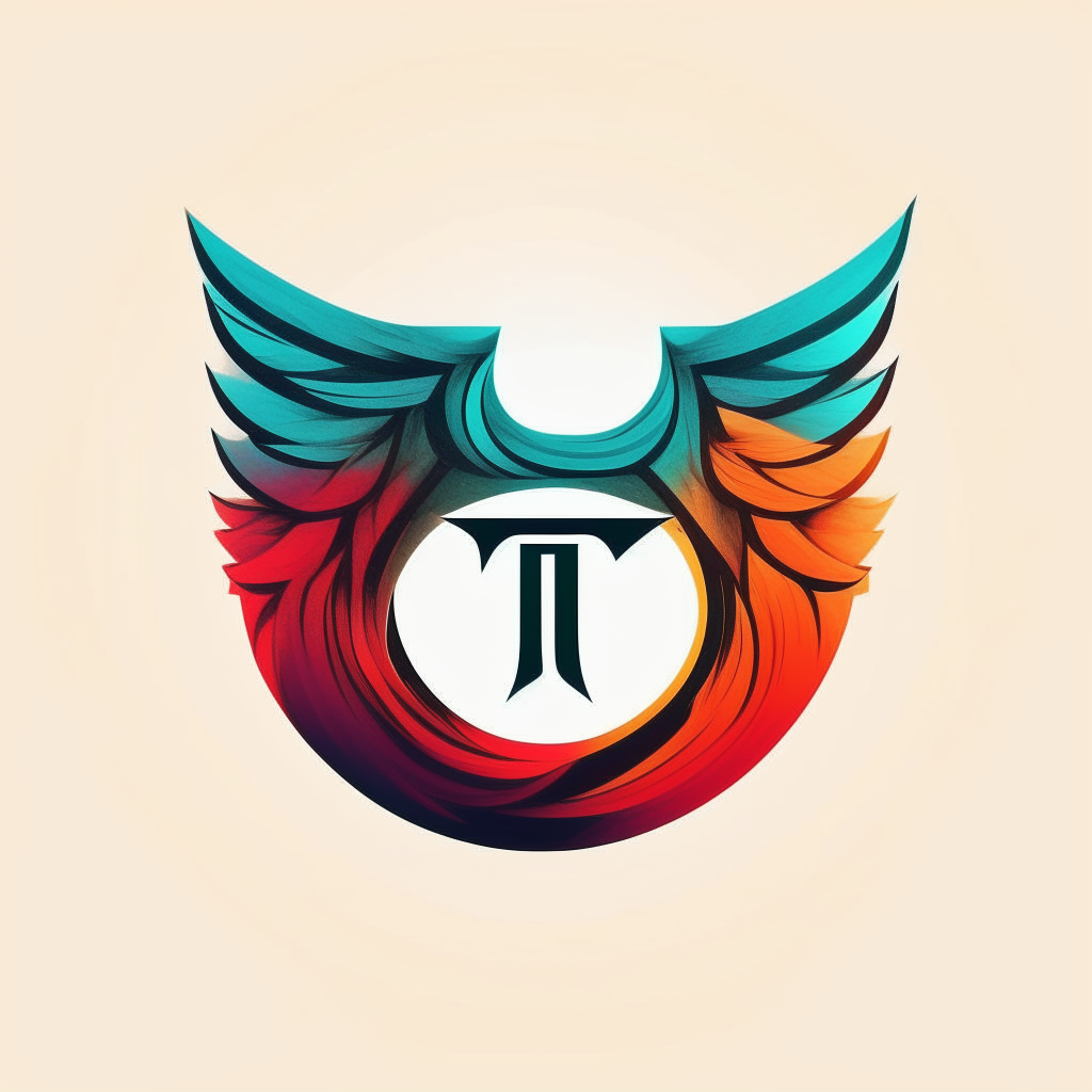 An artistic interpretation of the logo using abstract shapes and colors to represent the letter T with wings