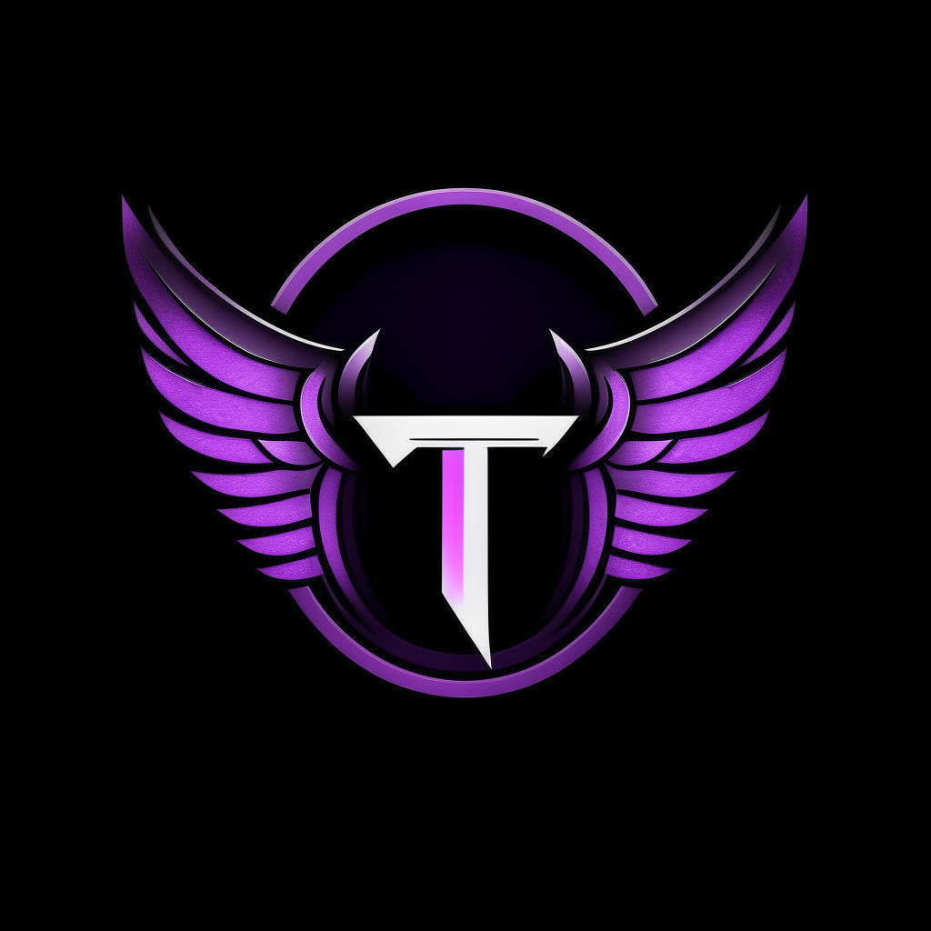 A modernized version of the logo with purple wings, featuring a sleek sans-serif letter T on a black background