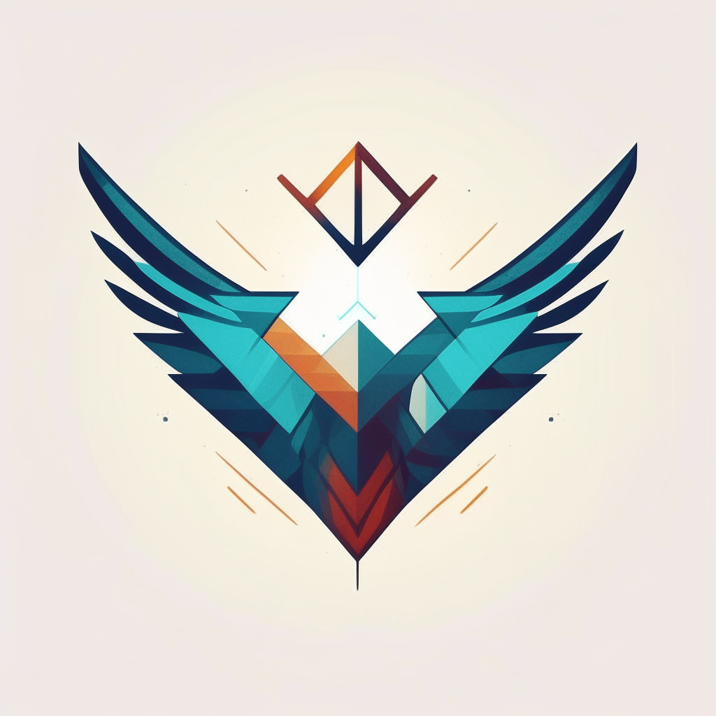 An abstract interpretation of the logo using geometric shapes, lines and colors to represent the winged T symbol