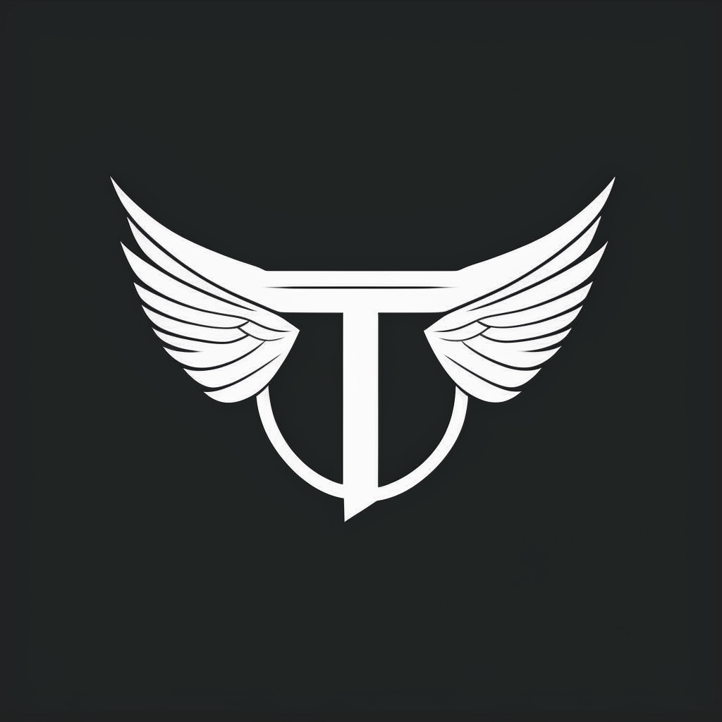 A minimalist version of the winged T logo with sleek curved lines, the wings folded in against the letter