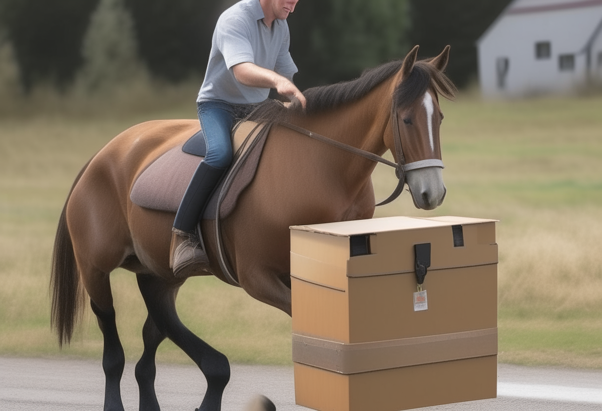 a person riding the horse, with the box now strapped to the horse