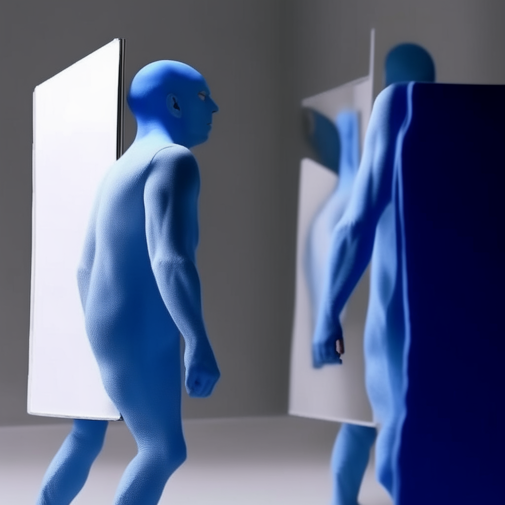 the person sees the blue man in the mirror and is surprised