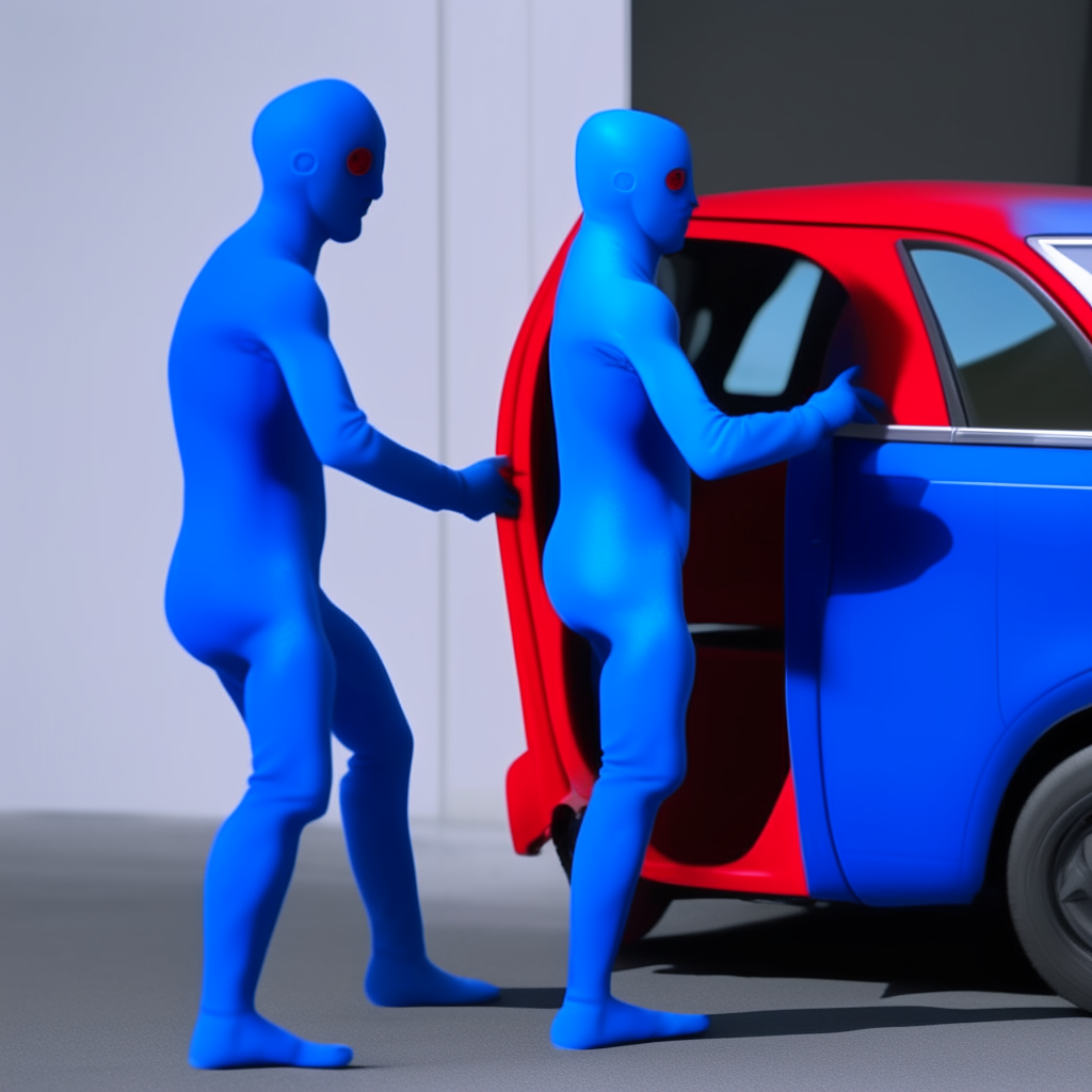 the blue man leans into the small red car with a blue body, greeting the driver