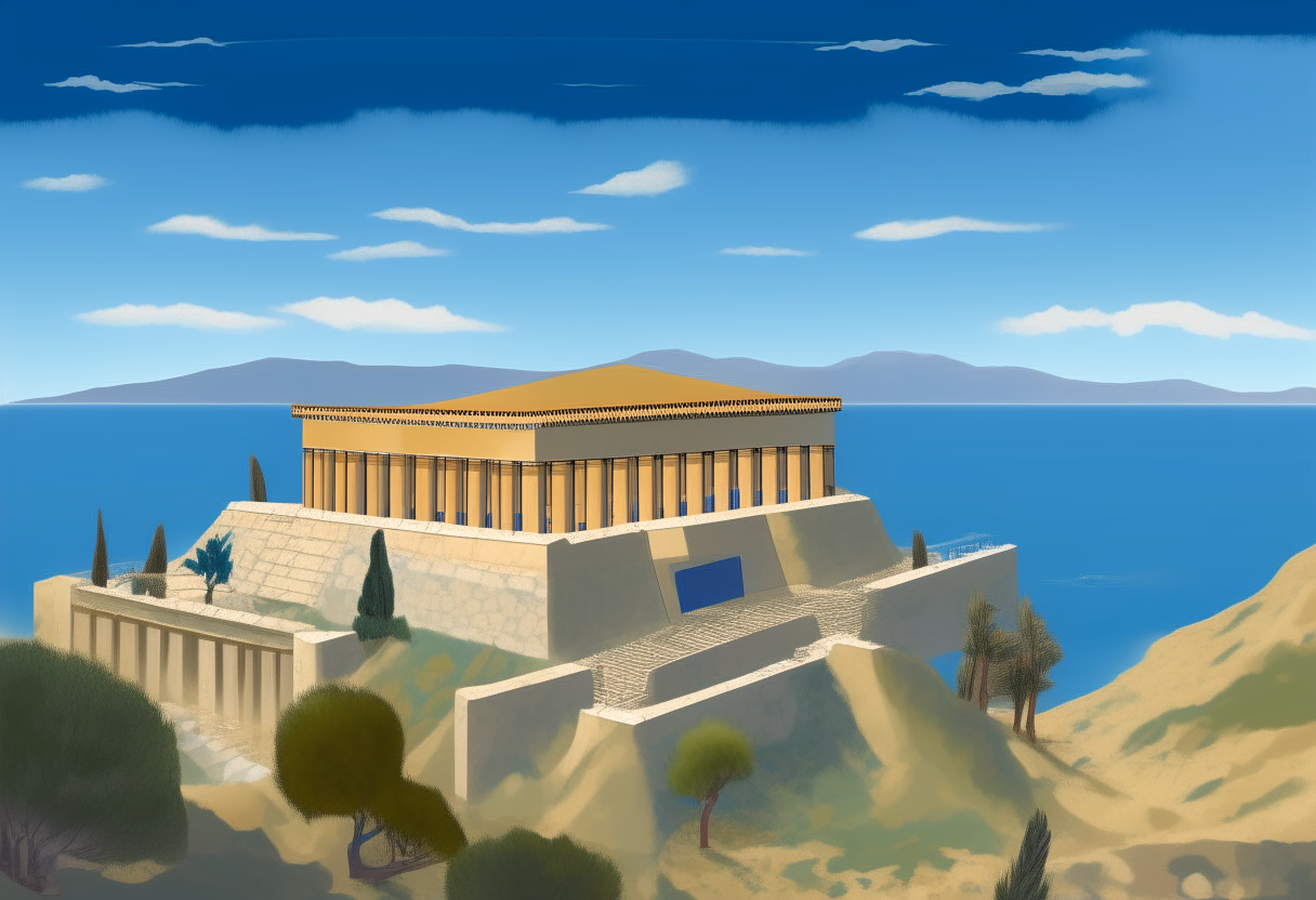 a mycaenean palace in the style of Knossos on a hill with a view of the ocean and mountains in the background with a blue sky, in the style of cinemat 