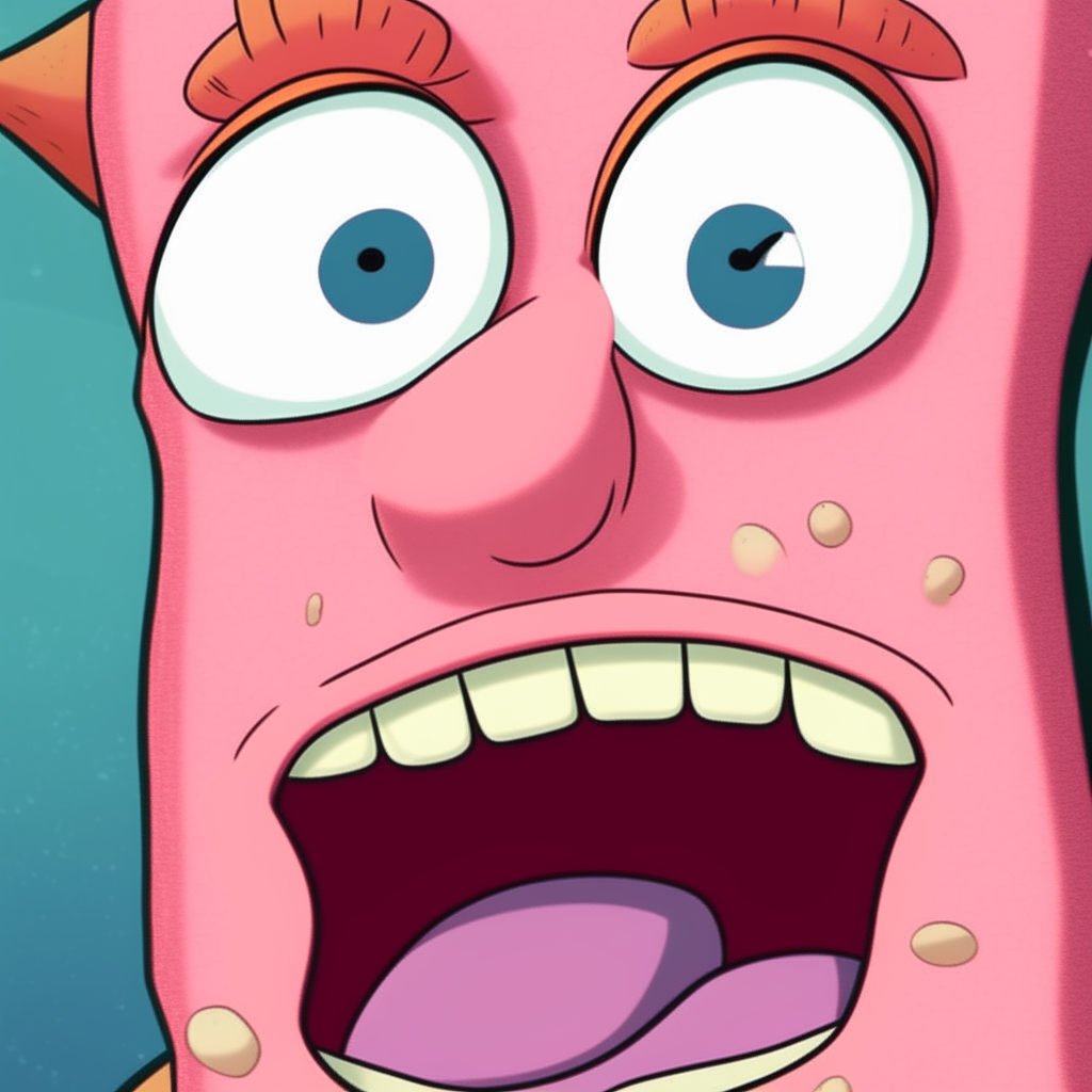 Close-up of Patrick Star from SpongeBob SquarePants with the text 'Is mayonnaise a form of media?' in Impact font clearly displayed below his face. Patrick has a wide smile and is looking up with his eyes closed.