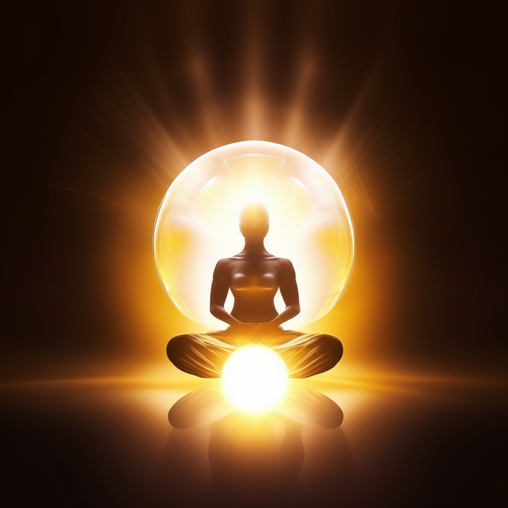 A glowing orb of light representing a soul, sitting in lotus position and radiating calm energy.