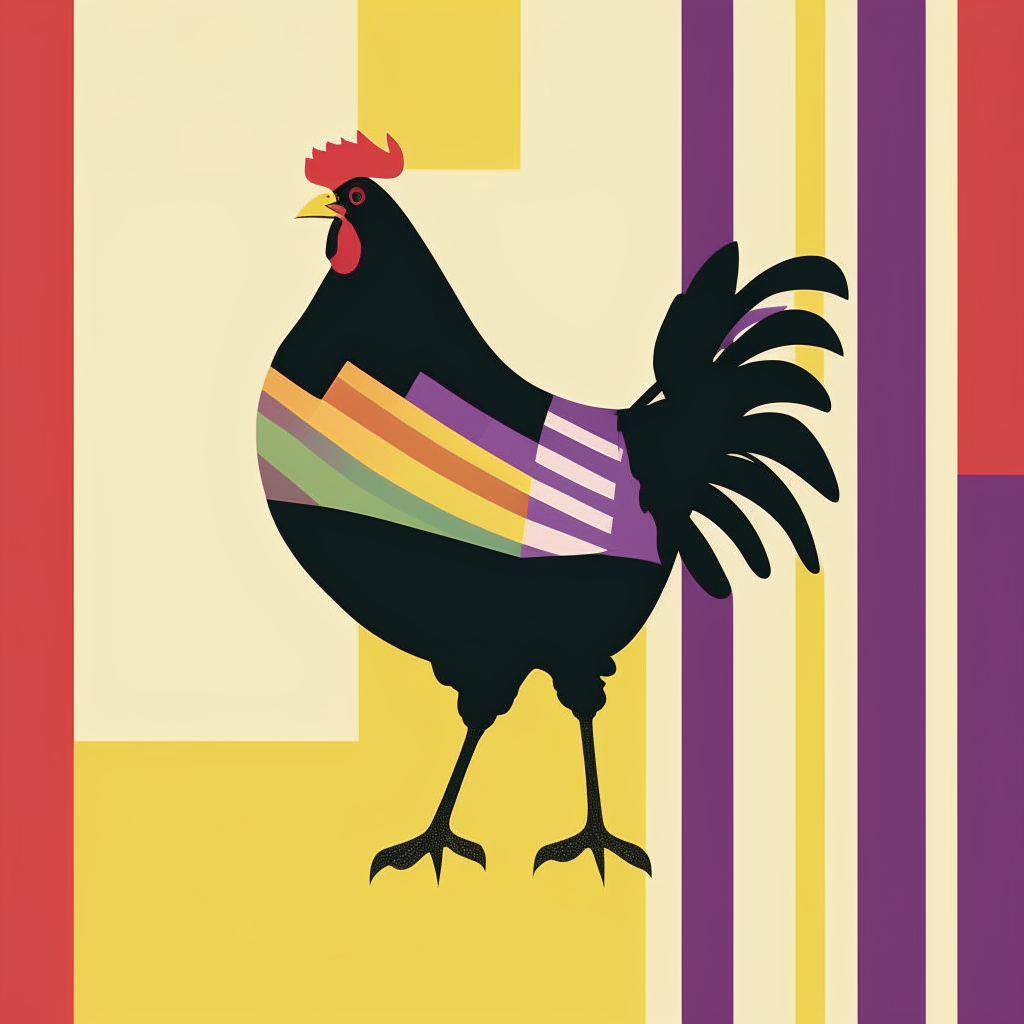 A flag featuring a chicken silhouette facing left, on a field of five diagonal colored stripes, with additional thin diagonal lines crossing the stripes