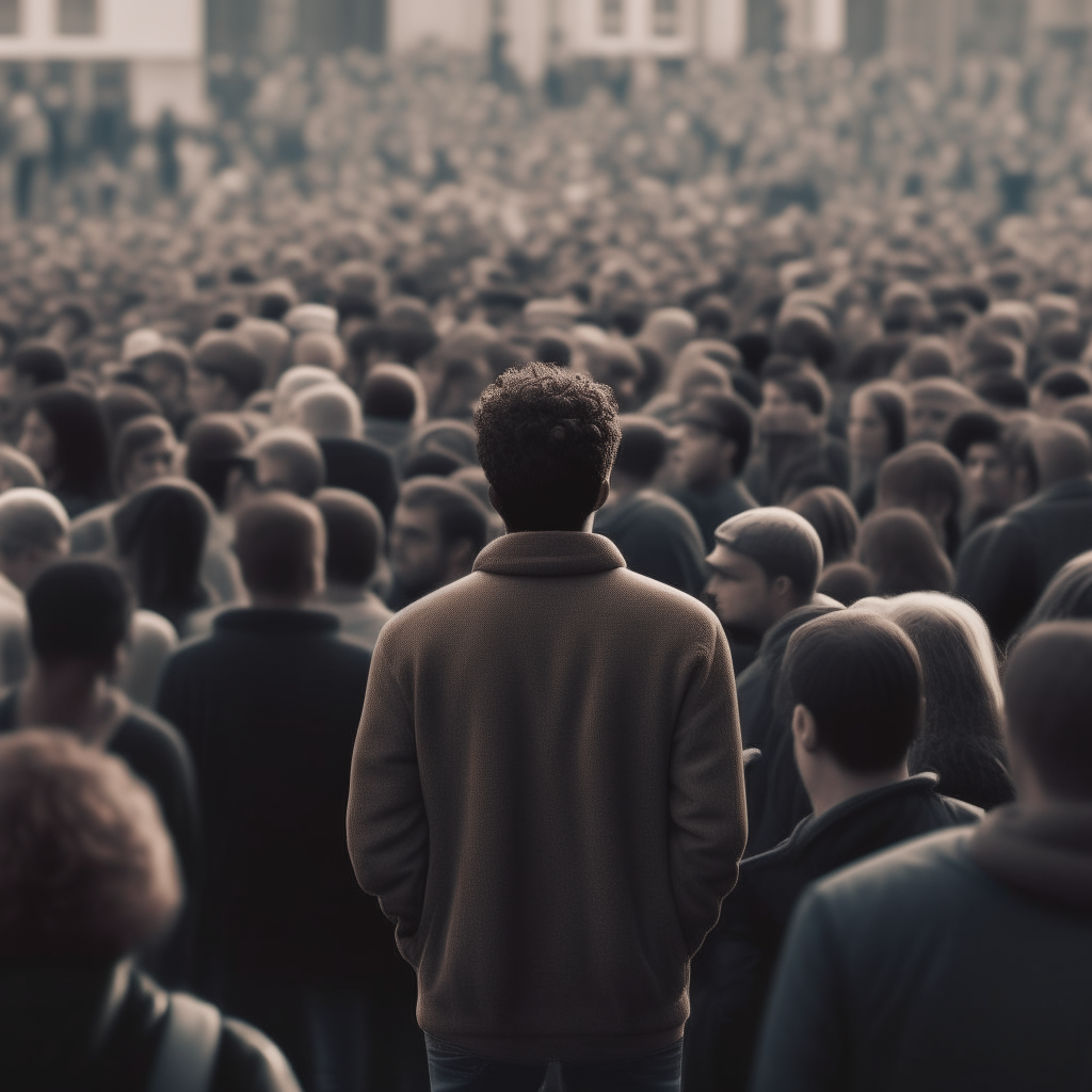 A person standing alone looking out of place in a crowd
