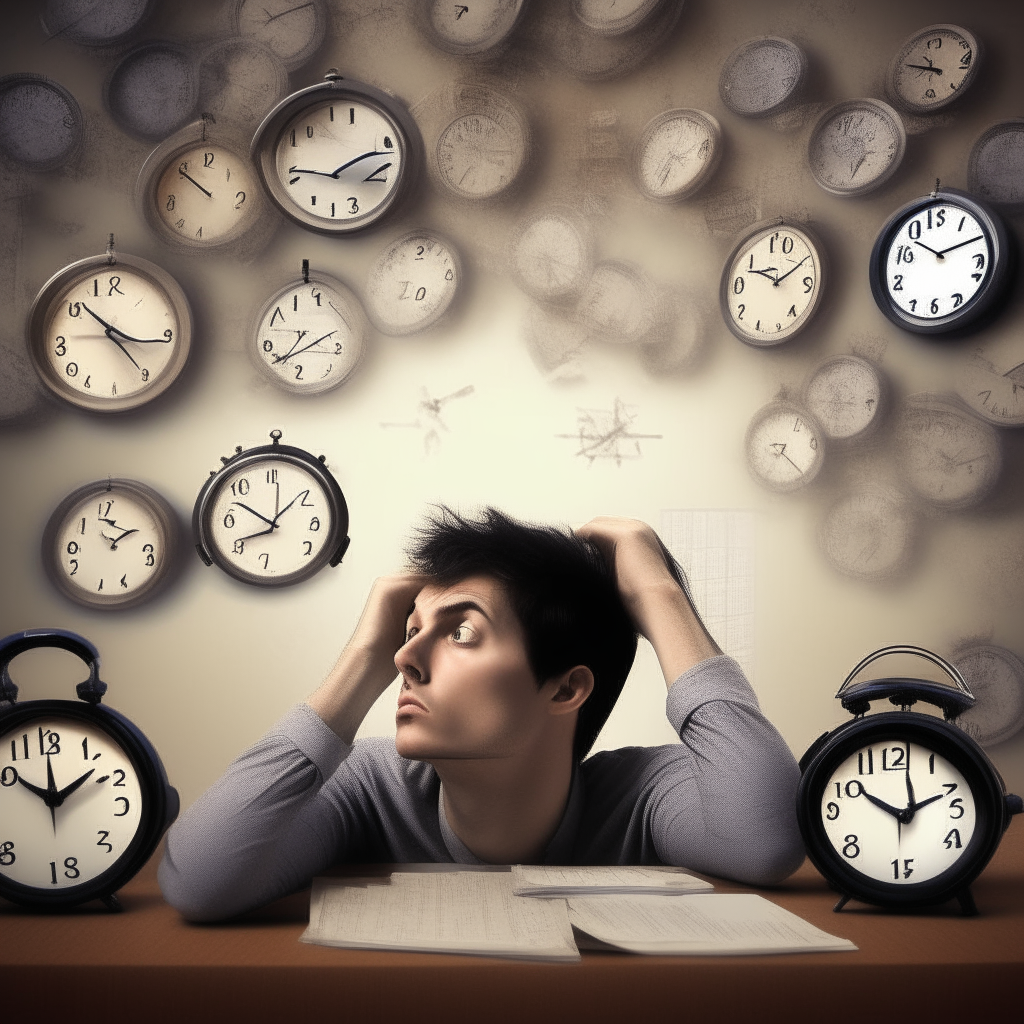 A person looking overwhelmed by clocks and calendars flying by