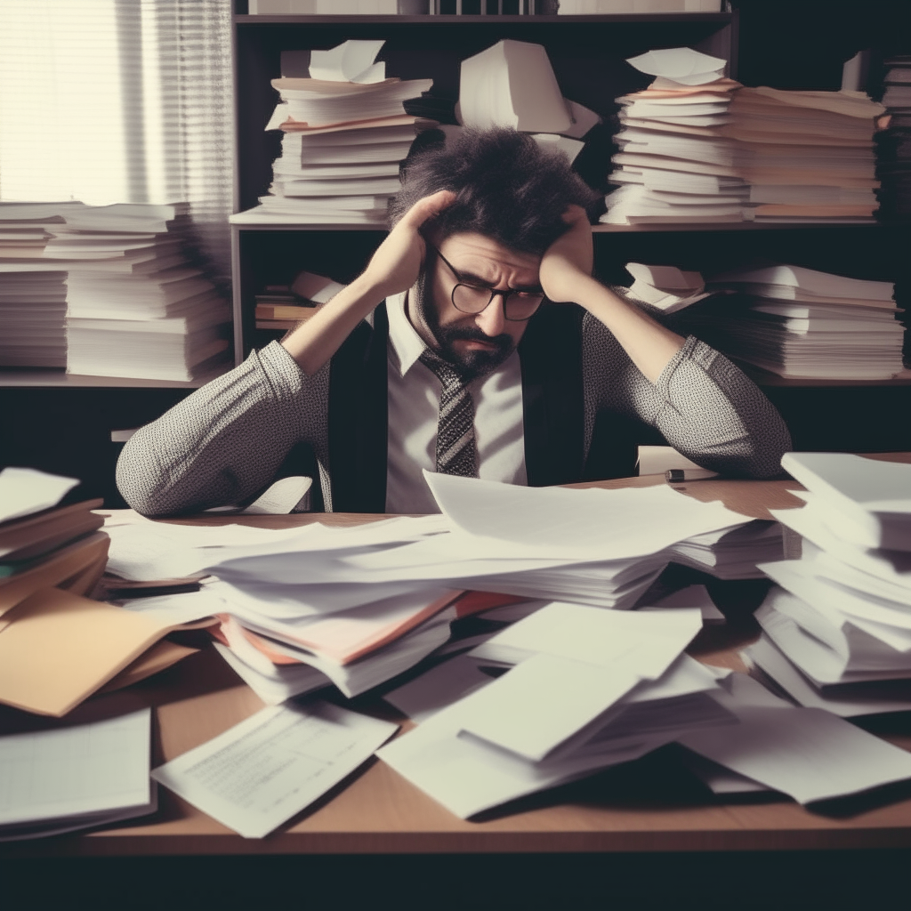 A lone person sitting stressed at a desk piled high with papers