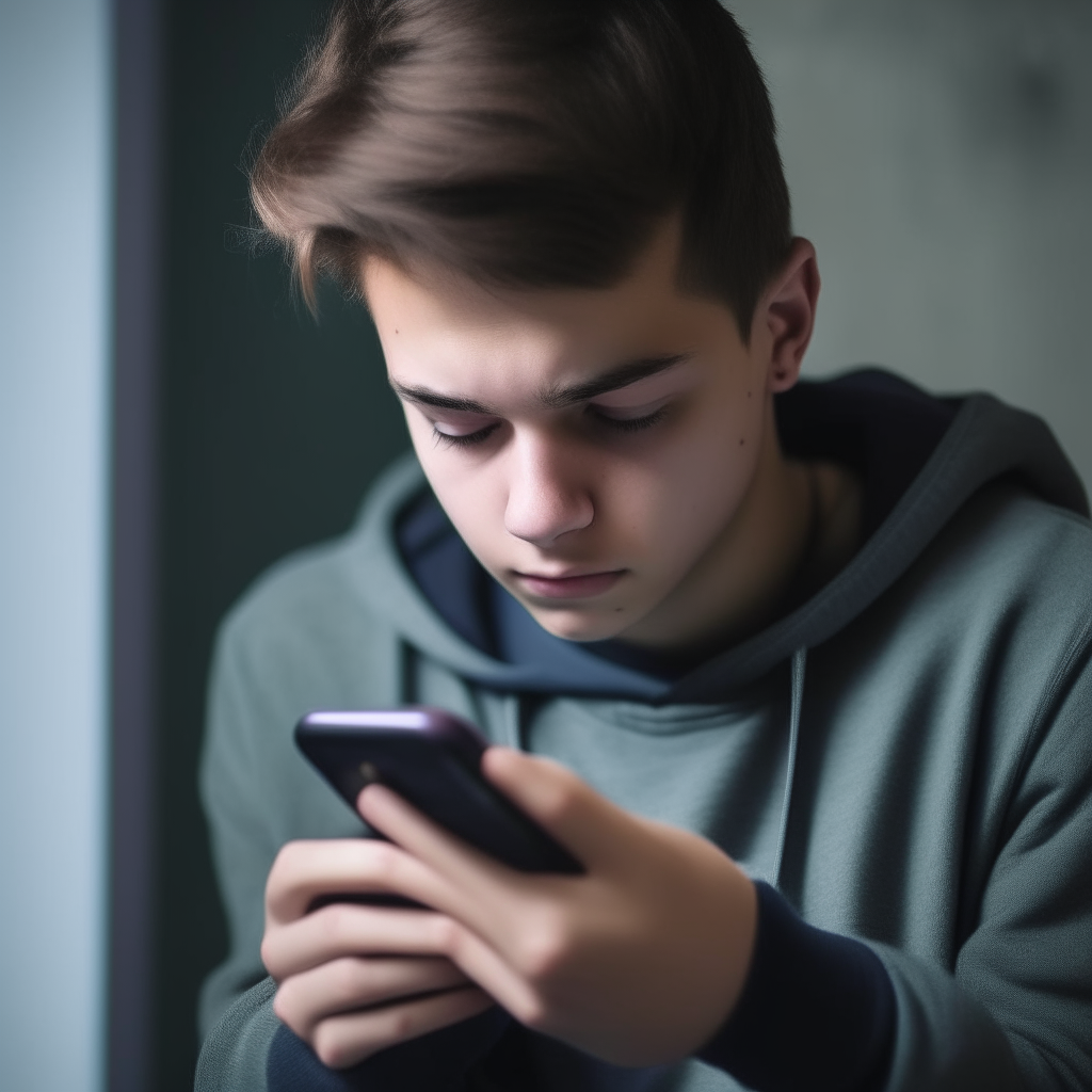 A young person hunched over a smartphone with a concerned expression on their face