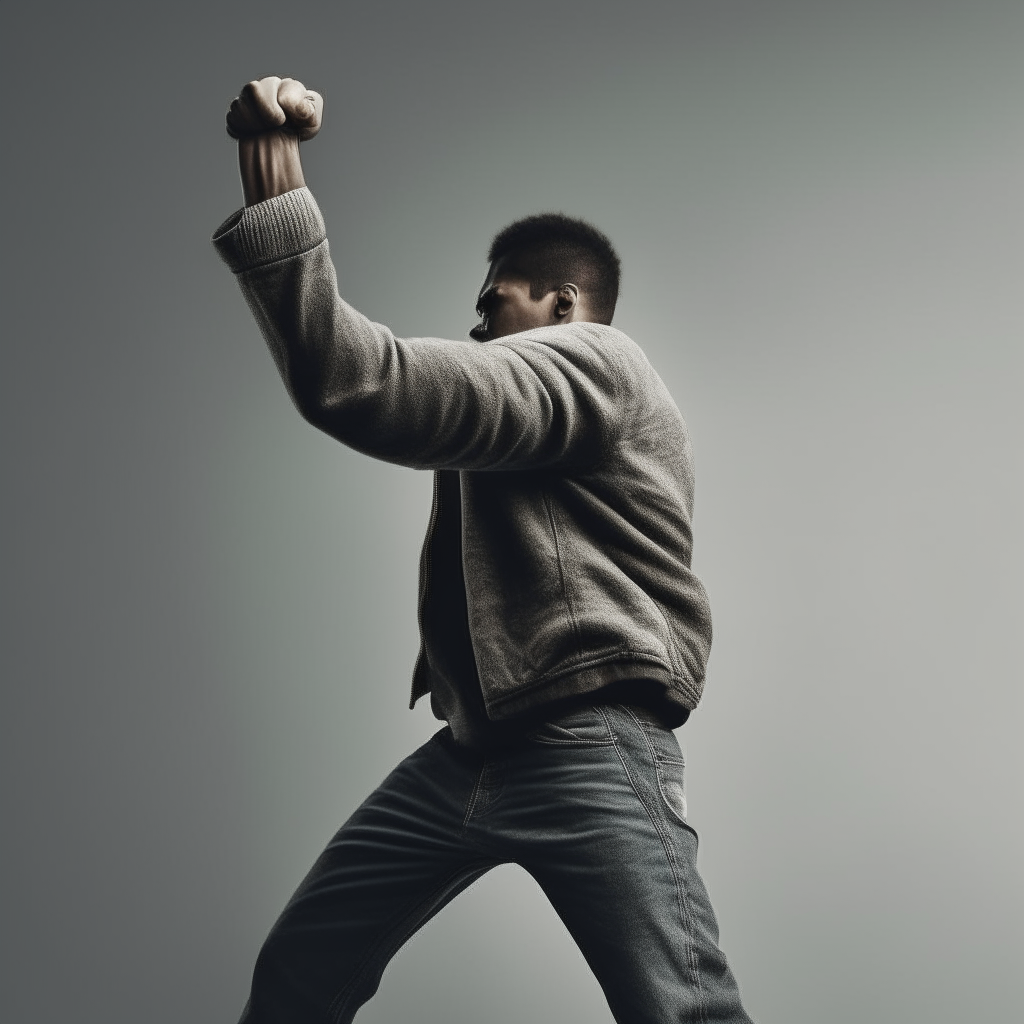 A determined person stepping forward with a fist raised