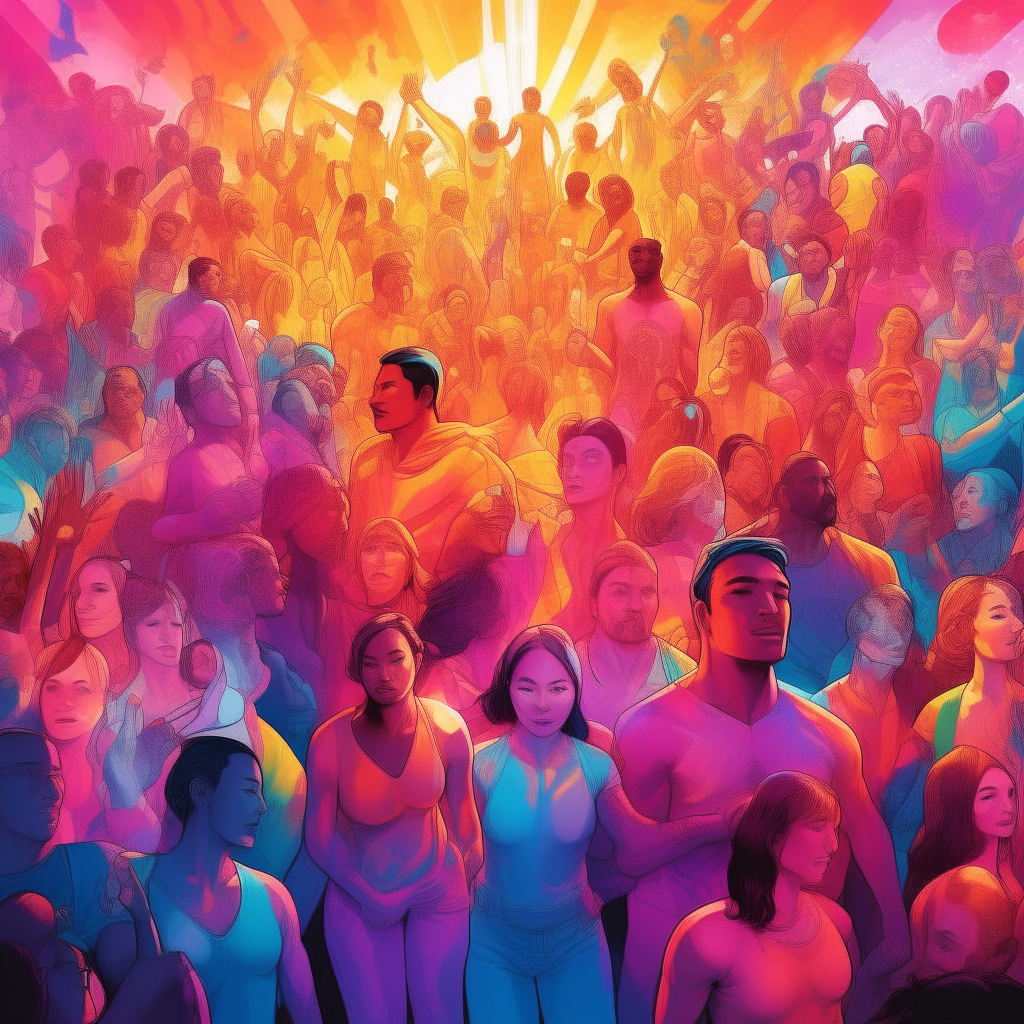 A large crowd of diverse men and women with colorful auras emanating from their bodies to depict super powers