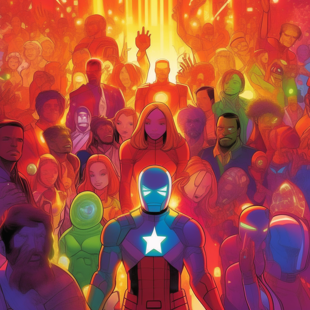 A diverse crowd of people with Marvel superhero auras and costumes appearing around them
