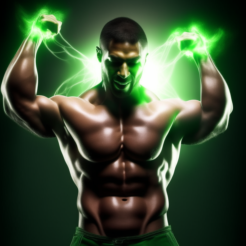 A muscular man with his arms outstretched being infused with green energy light