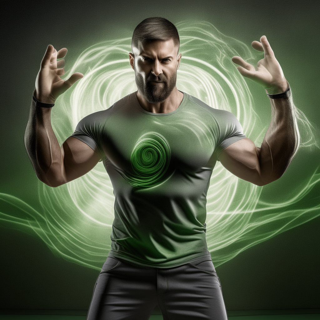 A muscular man wearing a plain gray t-shirt, his arms outstretched as green energy swirls around him