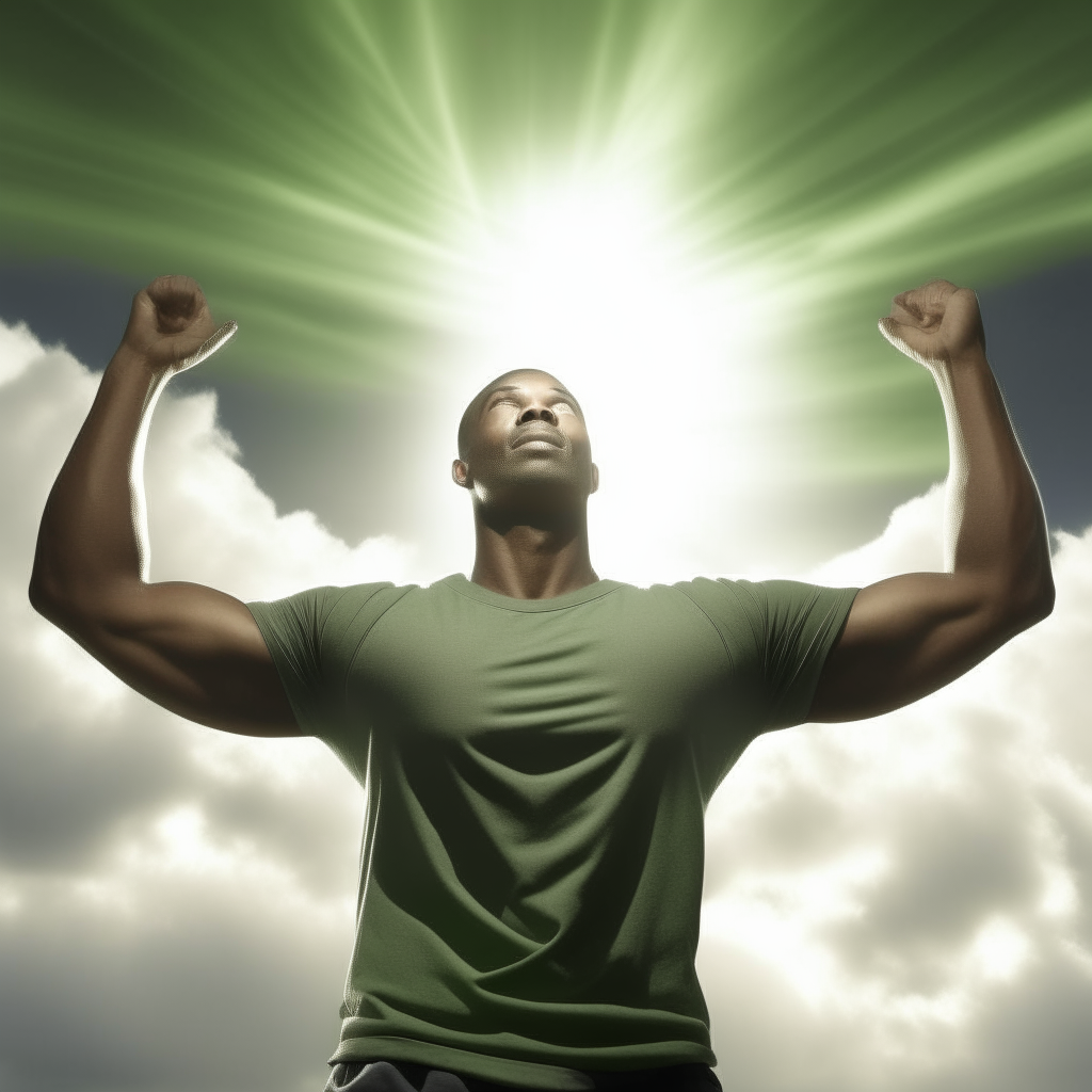 A muscular healthy man wearing a plain gray t-shirt, green energy radiating around him as he reaches to the sky