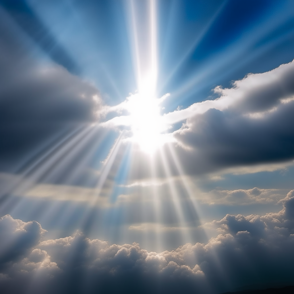Rays of white light beaming through the clouds