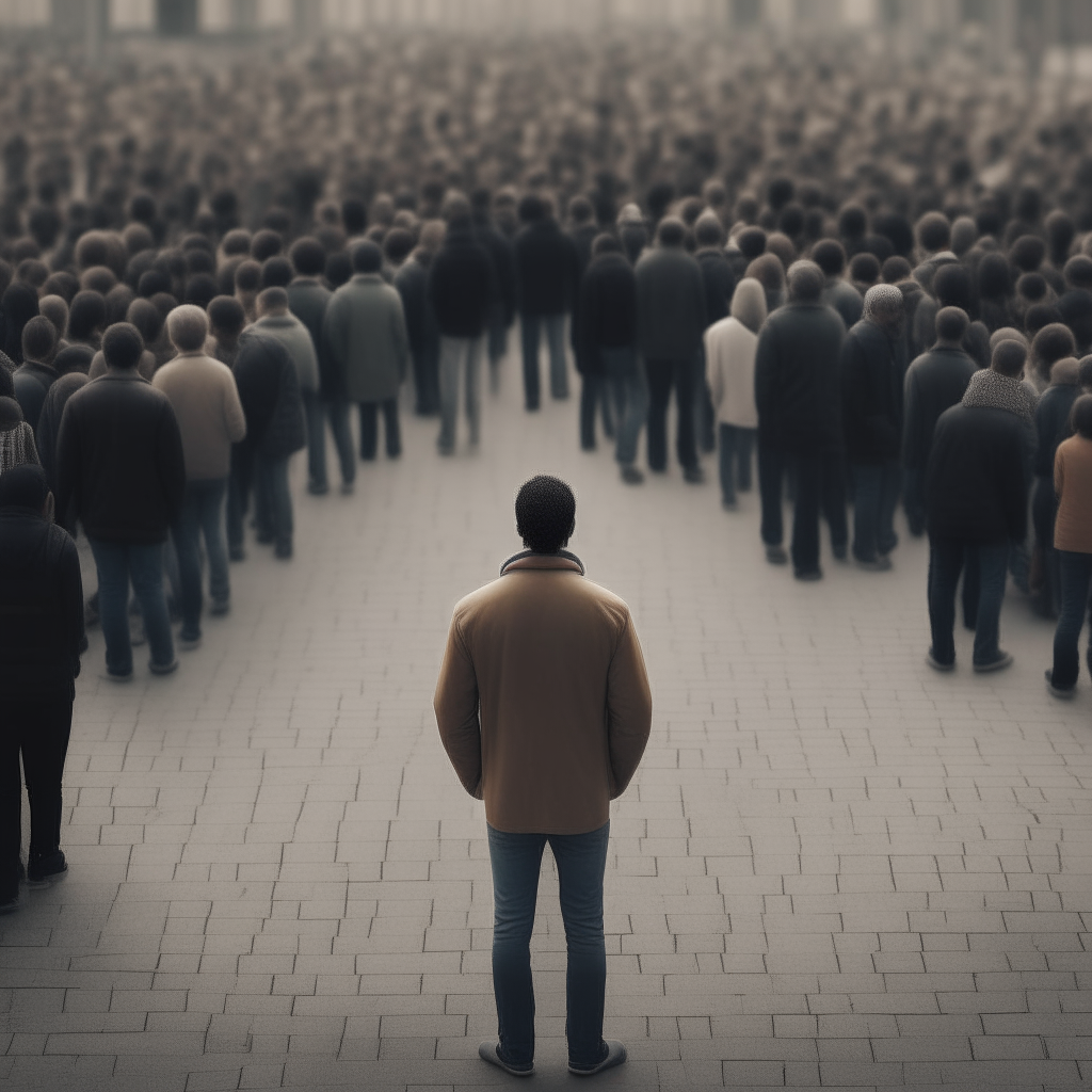 A person walking away from a large crowd, thinking for themself