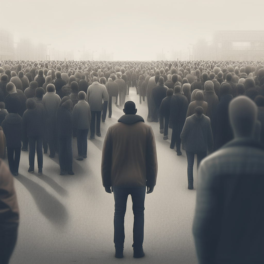 A determined person walking away from a large crowd, thinking independently