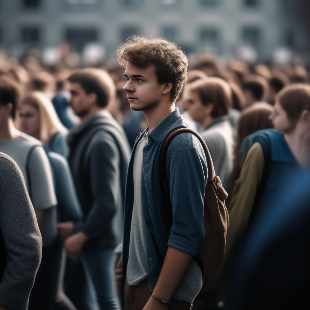 A determined young man walking confidently away from a large crowd, thinking independently