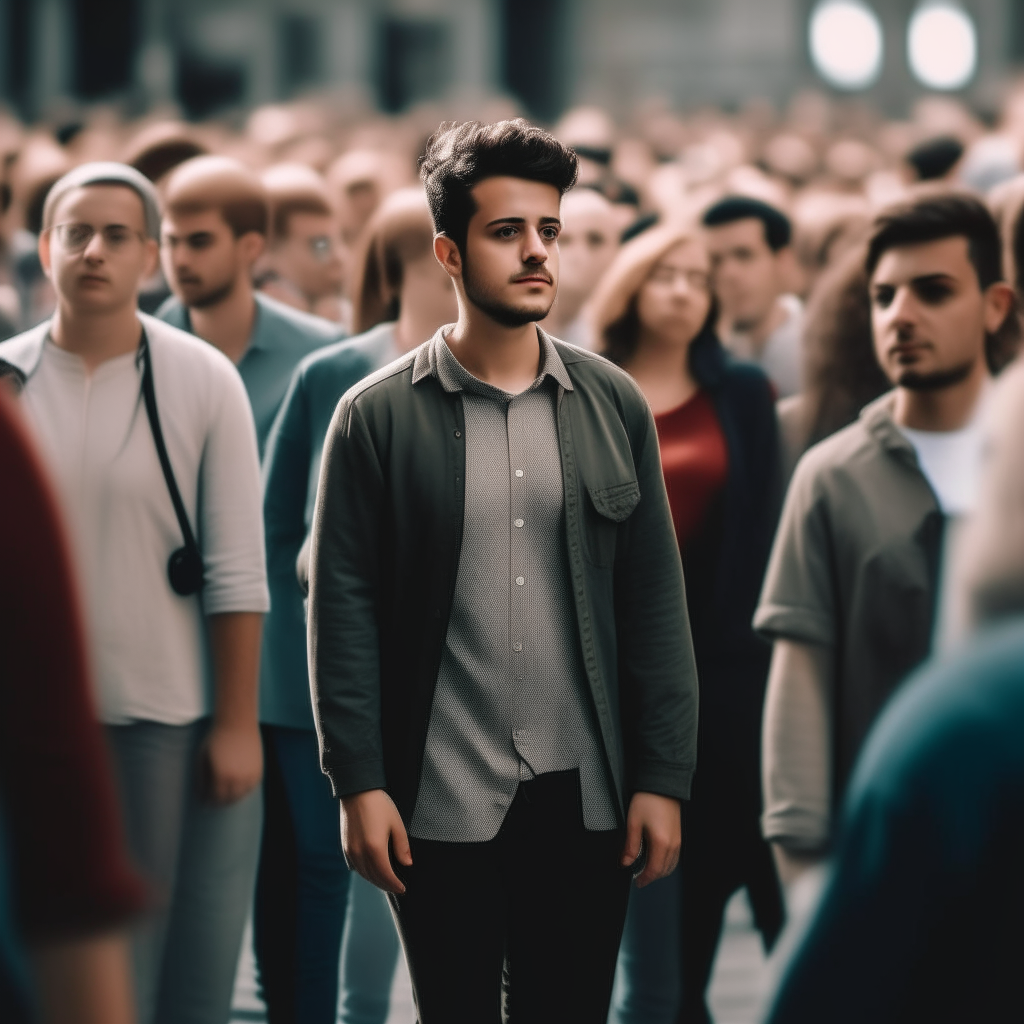 A young man walking confidently in one direction away from a large crowd behind him