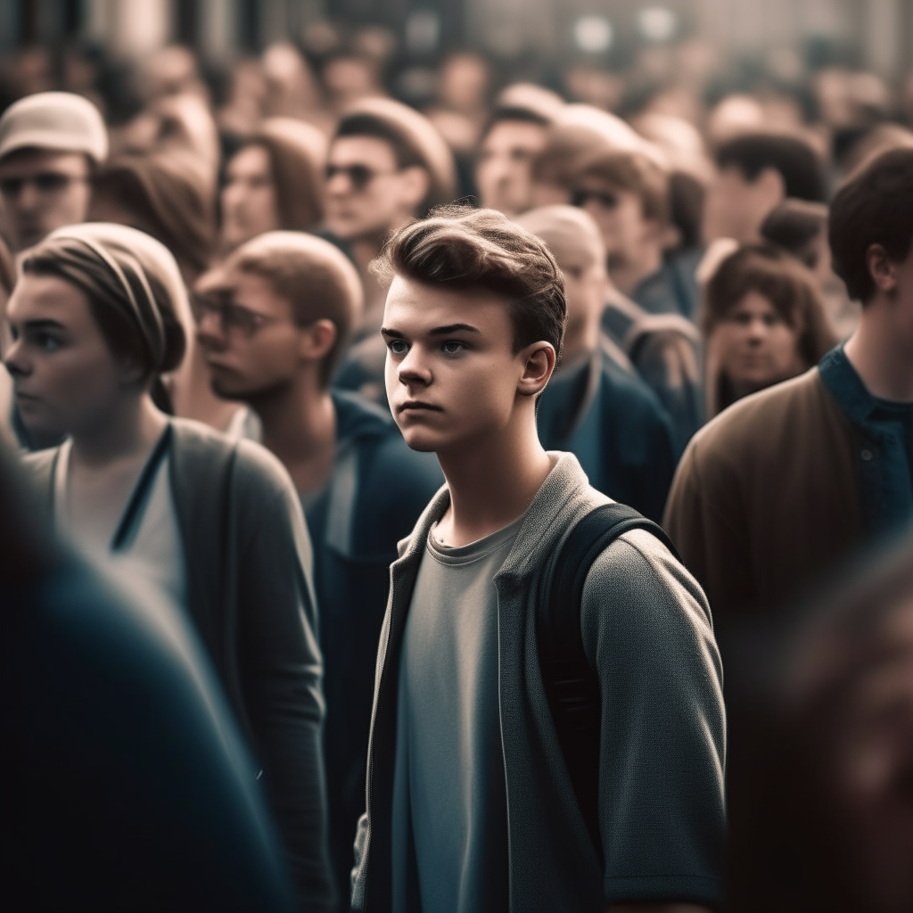 A young man with a determined expression walking away from a large crowd gathered behind him