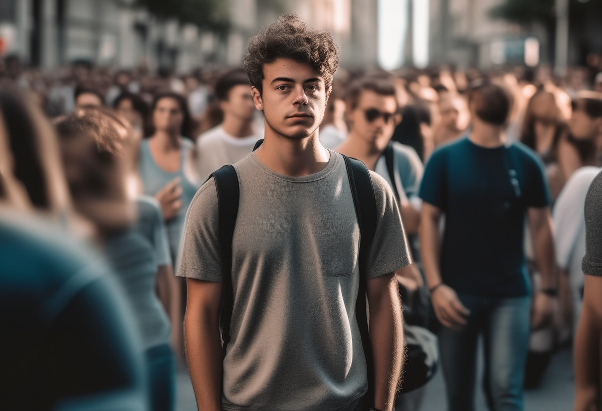 A young man with a confident posture walking in the opposite direction of a large crowd of people on a city street