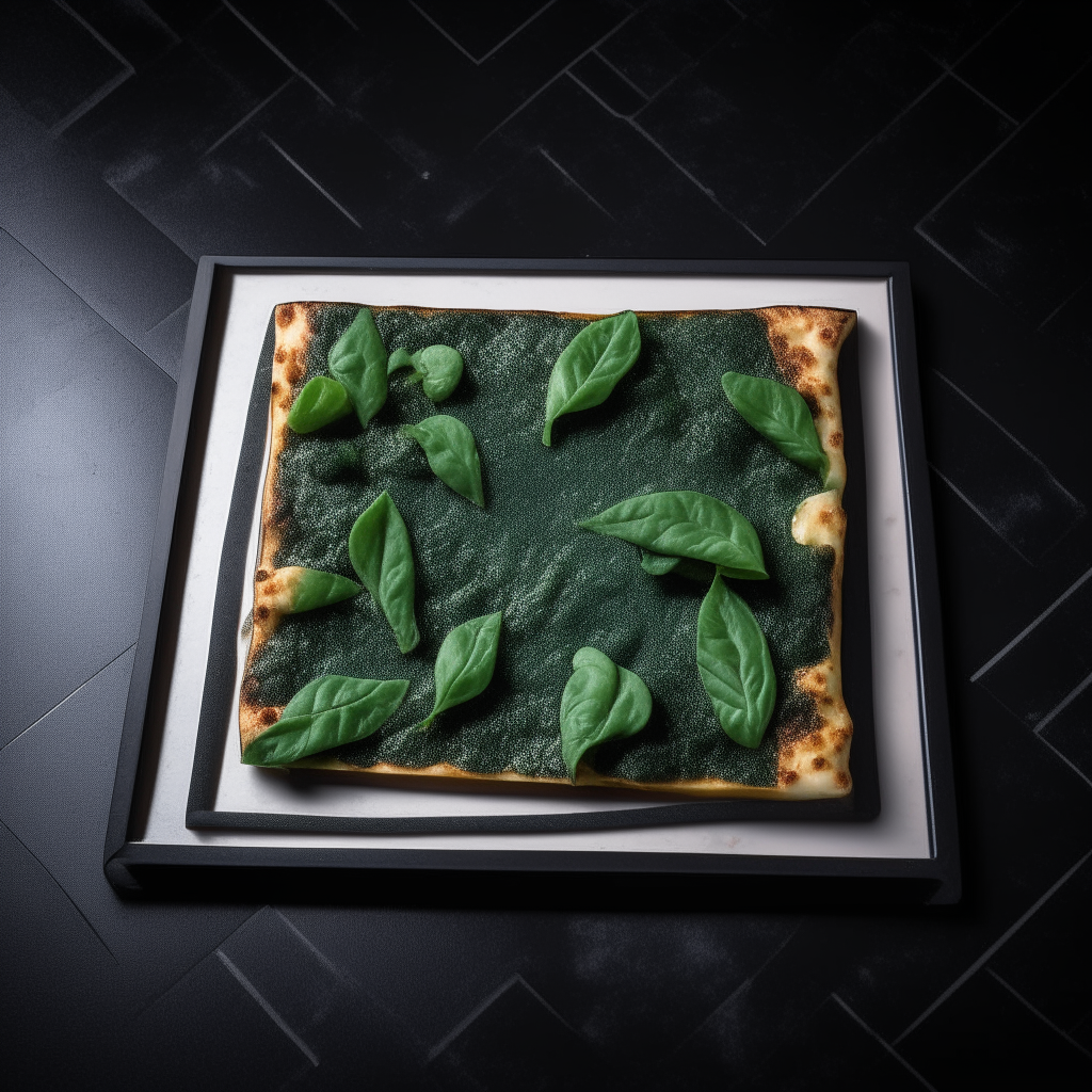 A mouthwatering square lamb and spinach pizza on a black stone plate, arranged elegantly with bright lighting creating contrast and geometric shapes, modern minimalist style